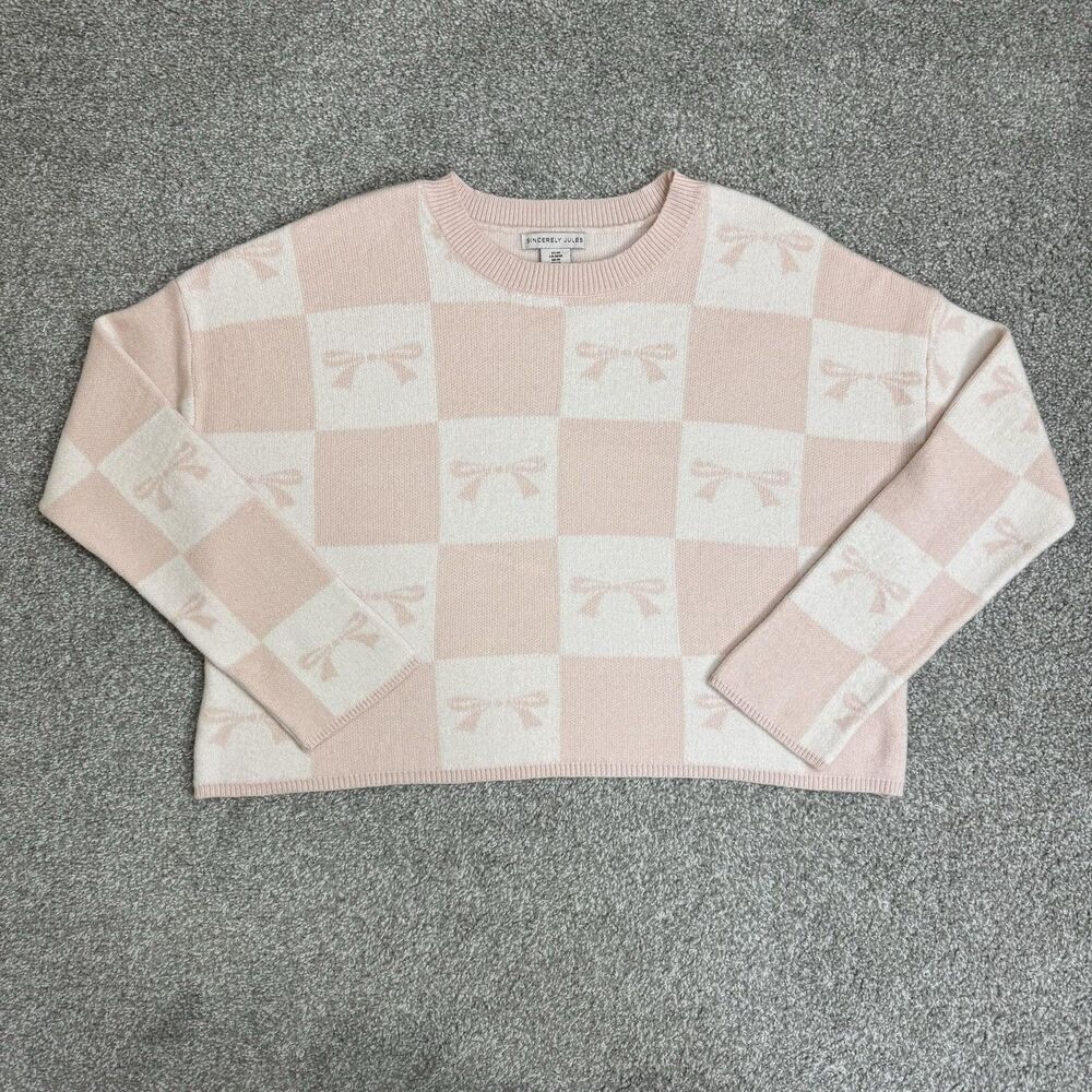 Sincerely Jules Sweater Womens Medium Pink Check Bow Print Knit Crewneck Preppy